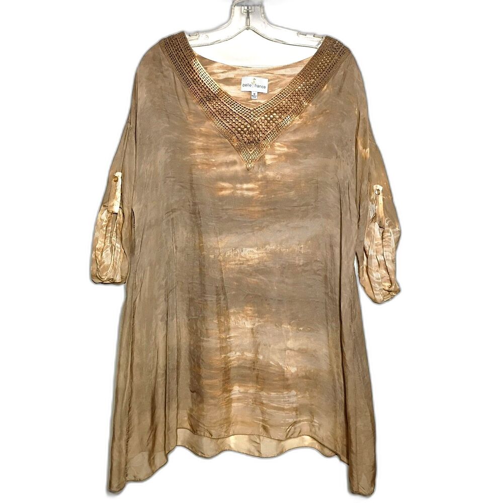Belle France Tunic Top Sharkbite Roll Tab Sleeve M Silk Tie Dye Lagenlook Artsy